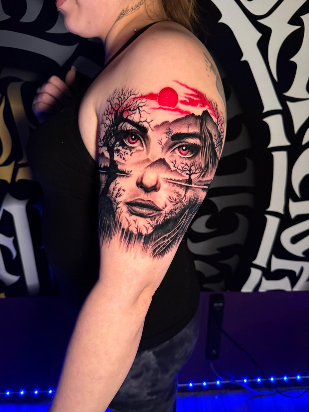 Custom black and grey tattoo design by SHYBOY TATTOO Prince George